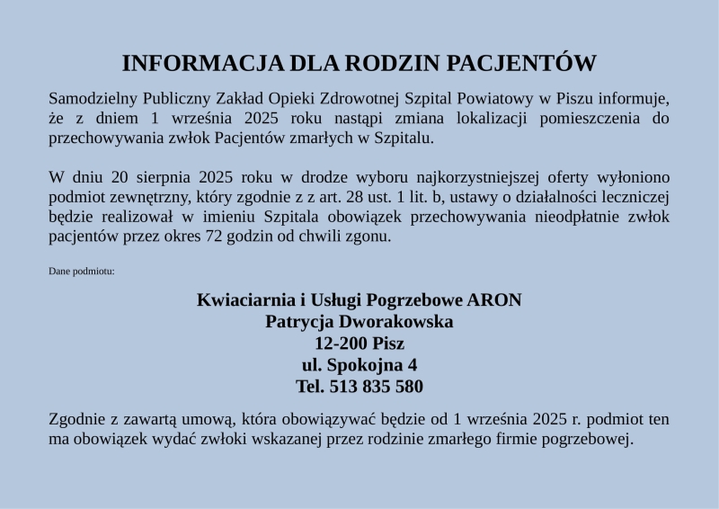 Informacja dla rodzin Pacjentów